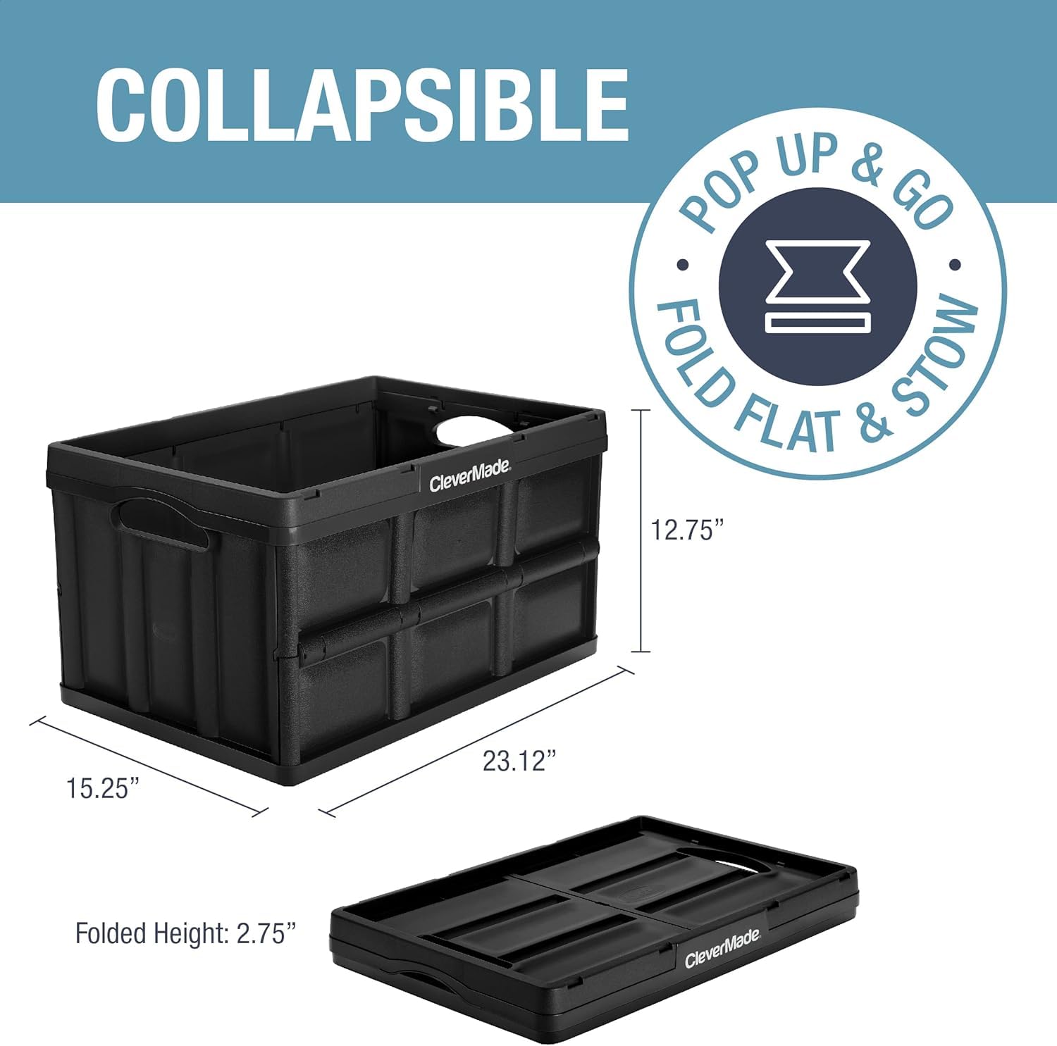 CleverMade bin collapsed flat to 2.75 inches for compact storage and easy stashing