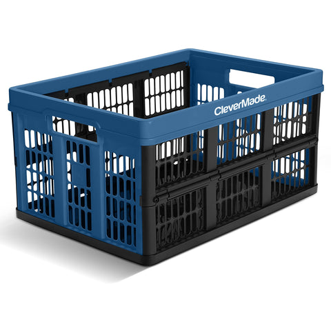 CleverMade collapsed crates flat in a car trunk showing space-saving benefit