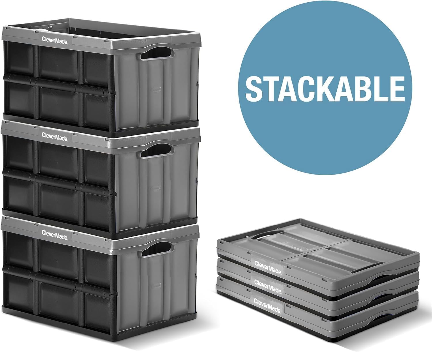 CleverMade bins folded flat nested together saving shelf and trunk space