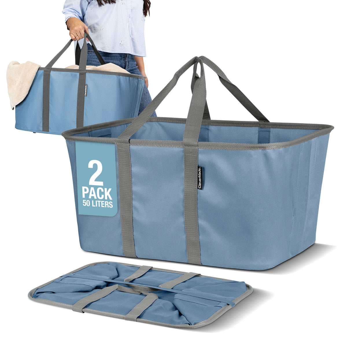 CleverMade denim tote front view showing compact, stylish laundry storage