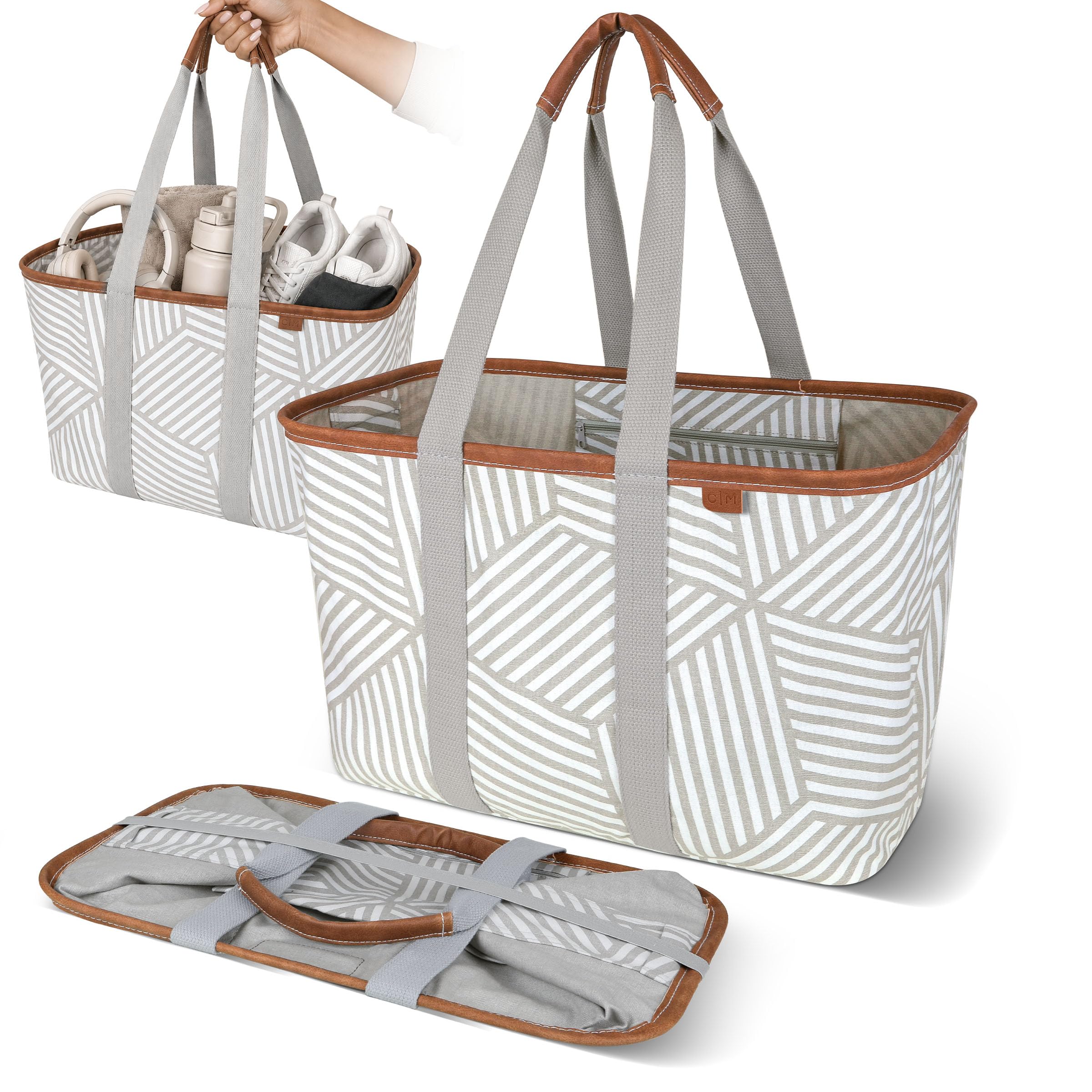 CleverMade front view of geometric taupe tote showing upright stability and polished look