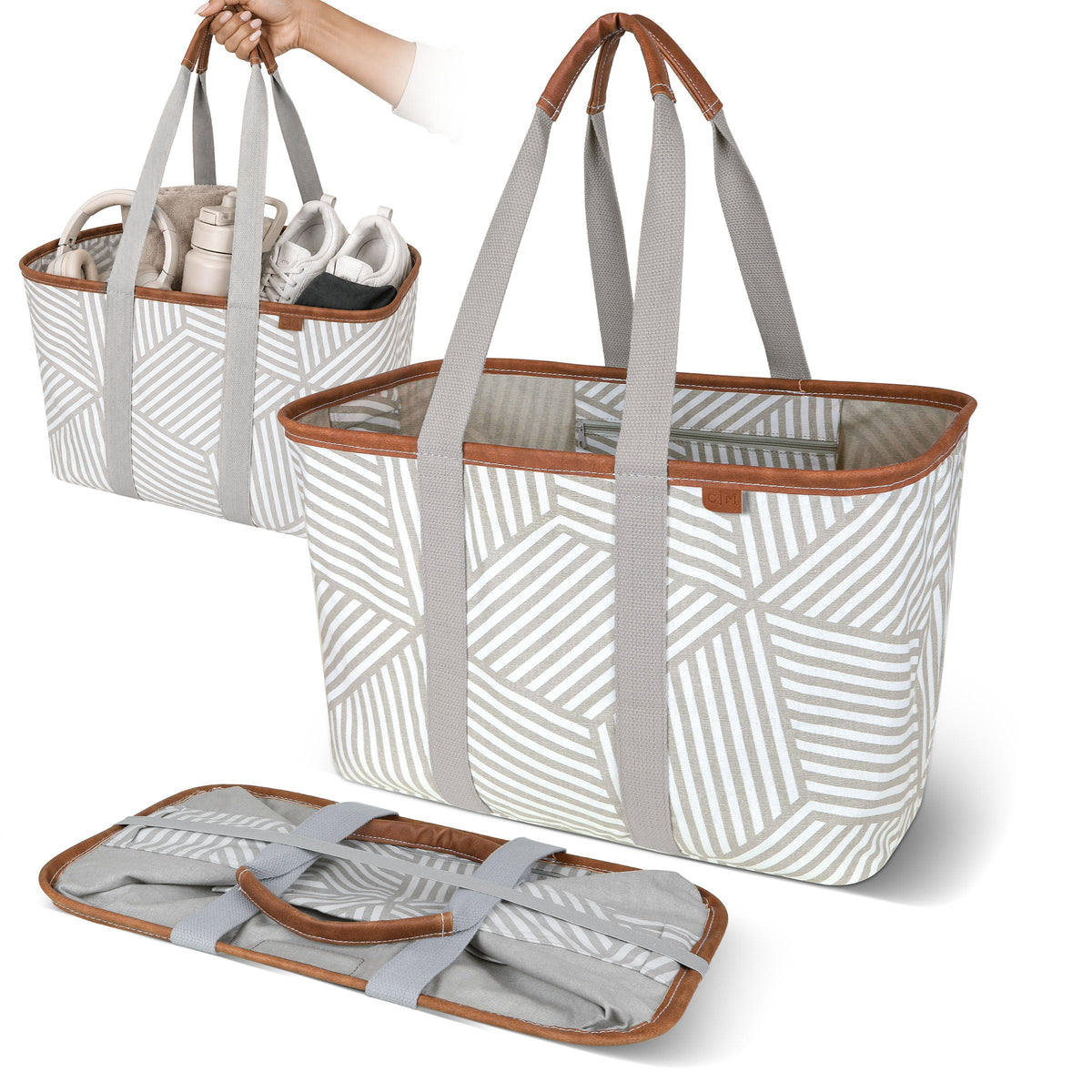 CleverMade front view of geometric taupe tote showing upright stability and polished look
