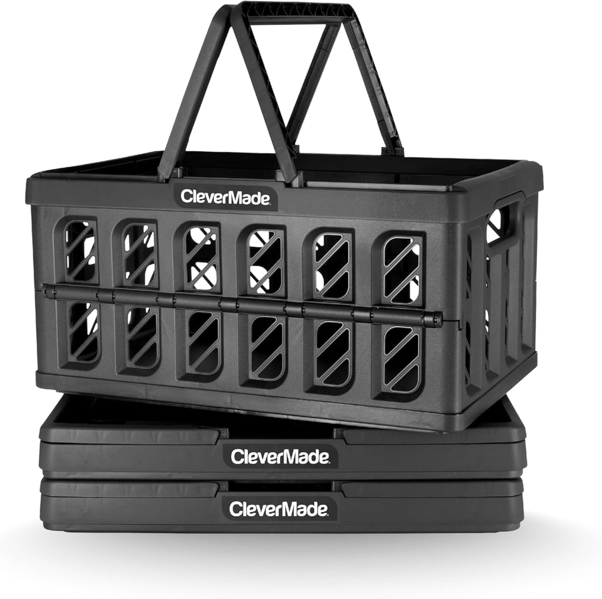 CleverMade front view of 3-pack obsidian baskets showing compact, durable design