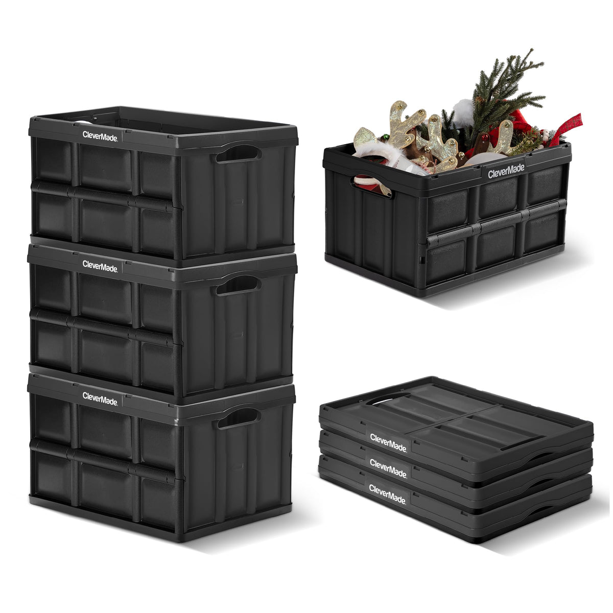 CleverMade front view of three obsidian collapsible bins, durable storage solution