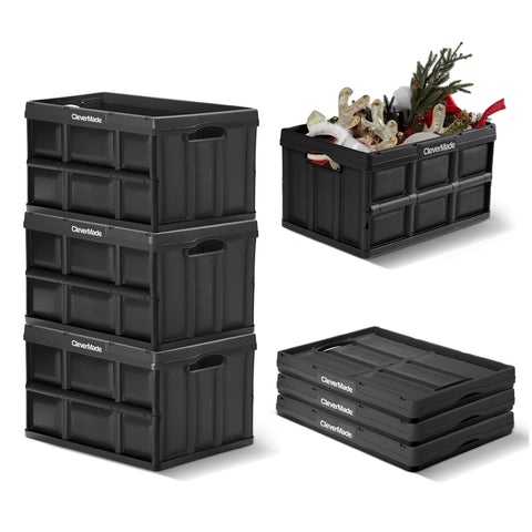 CleverMade front view of three obsidian collapsible bins, durable storage solution