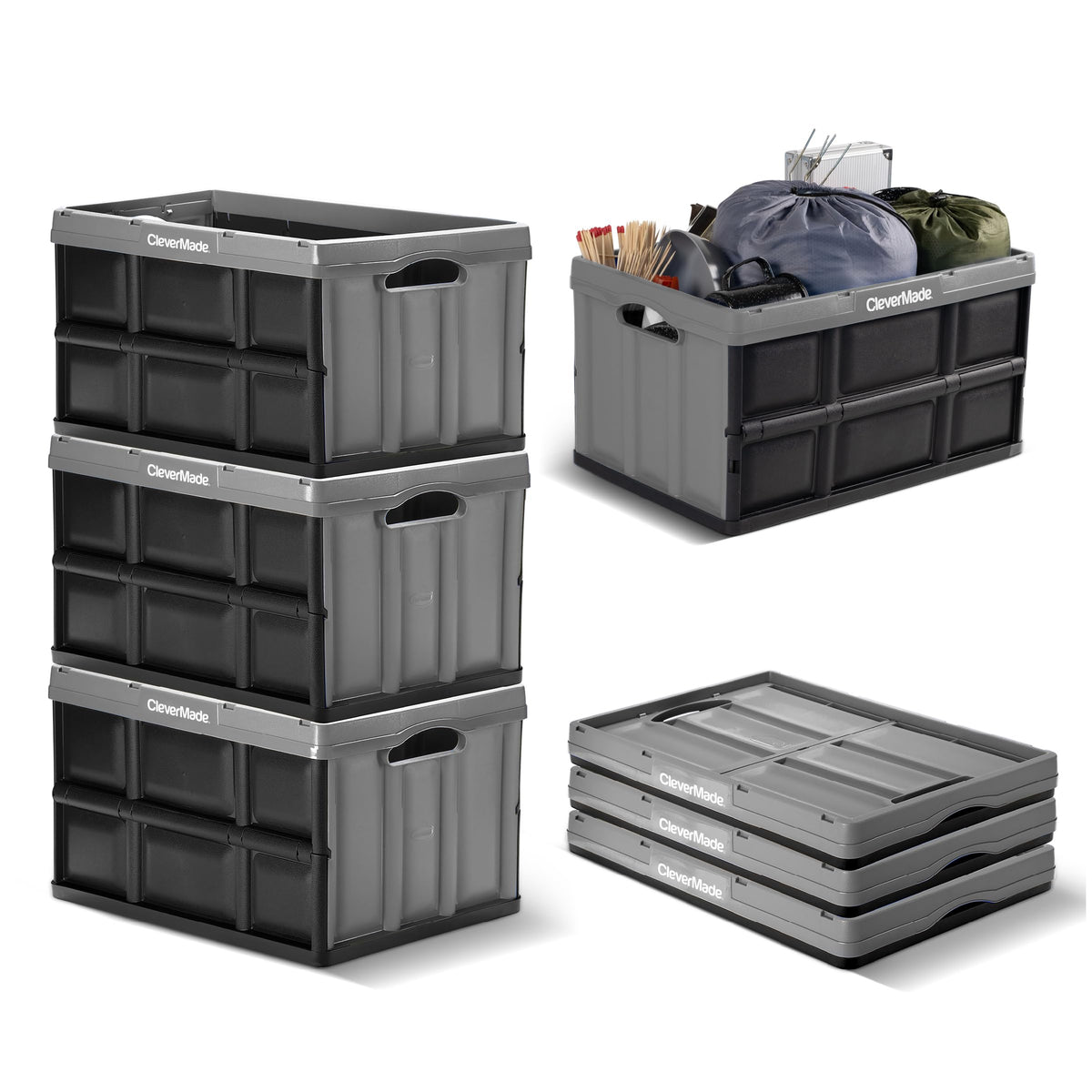CleverMade front view of 3-pack stone bins showing size and convenience