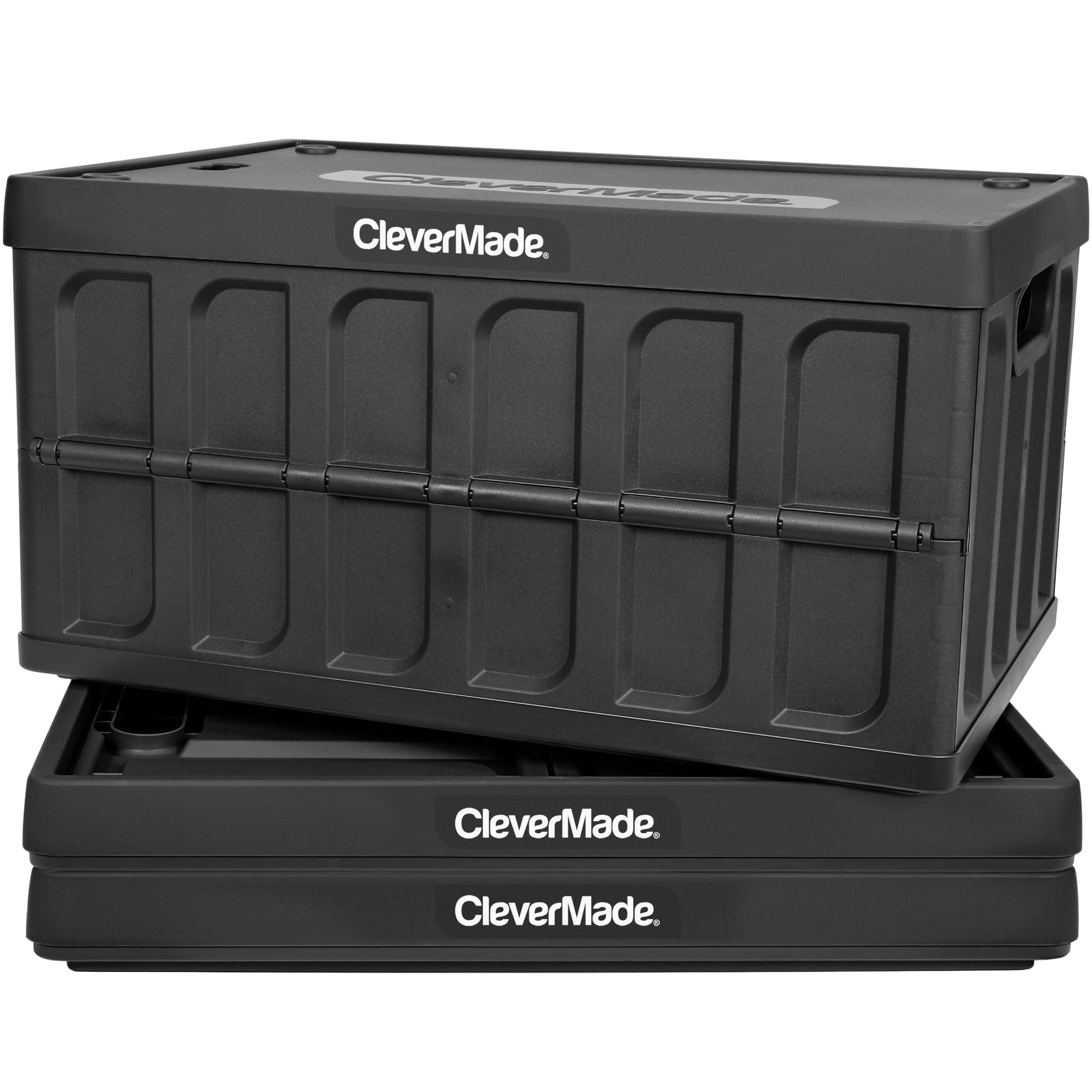 CleverMade front view of three obsidian bins showing size and lids for organized storage