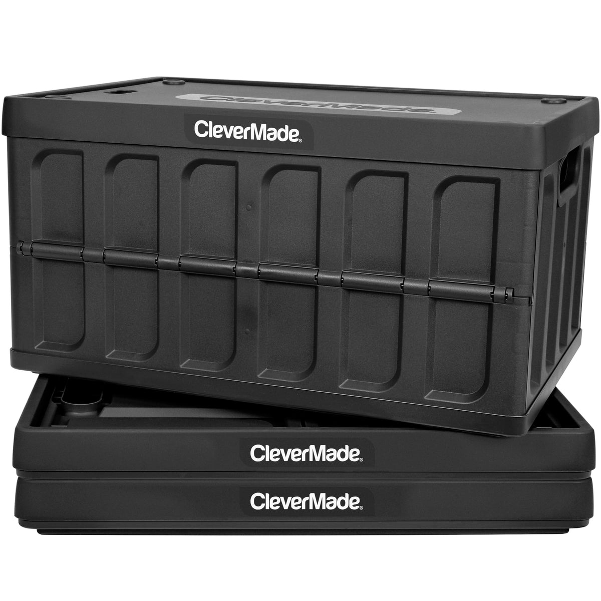 CleverMade front view of three obsidian bins showing size and lids for organized storage