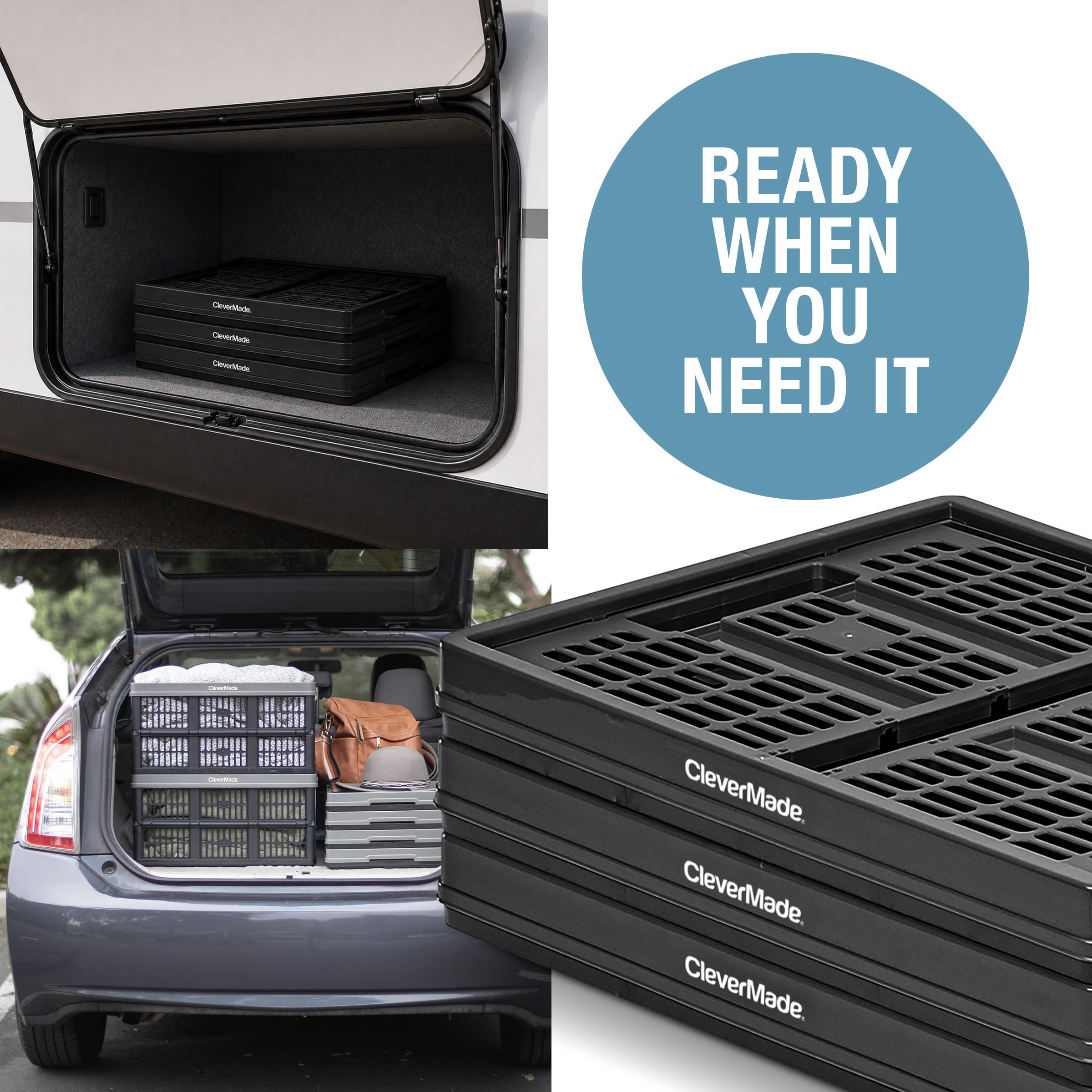 CleverMade crates in car trunk showing easy transport benefit