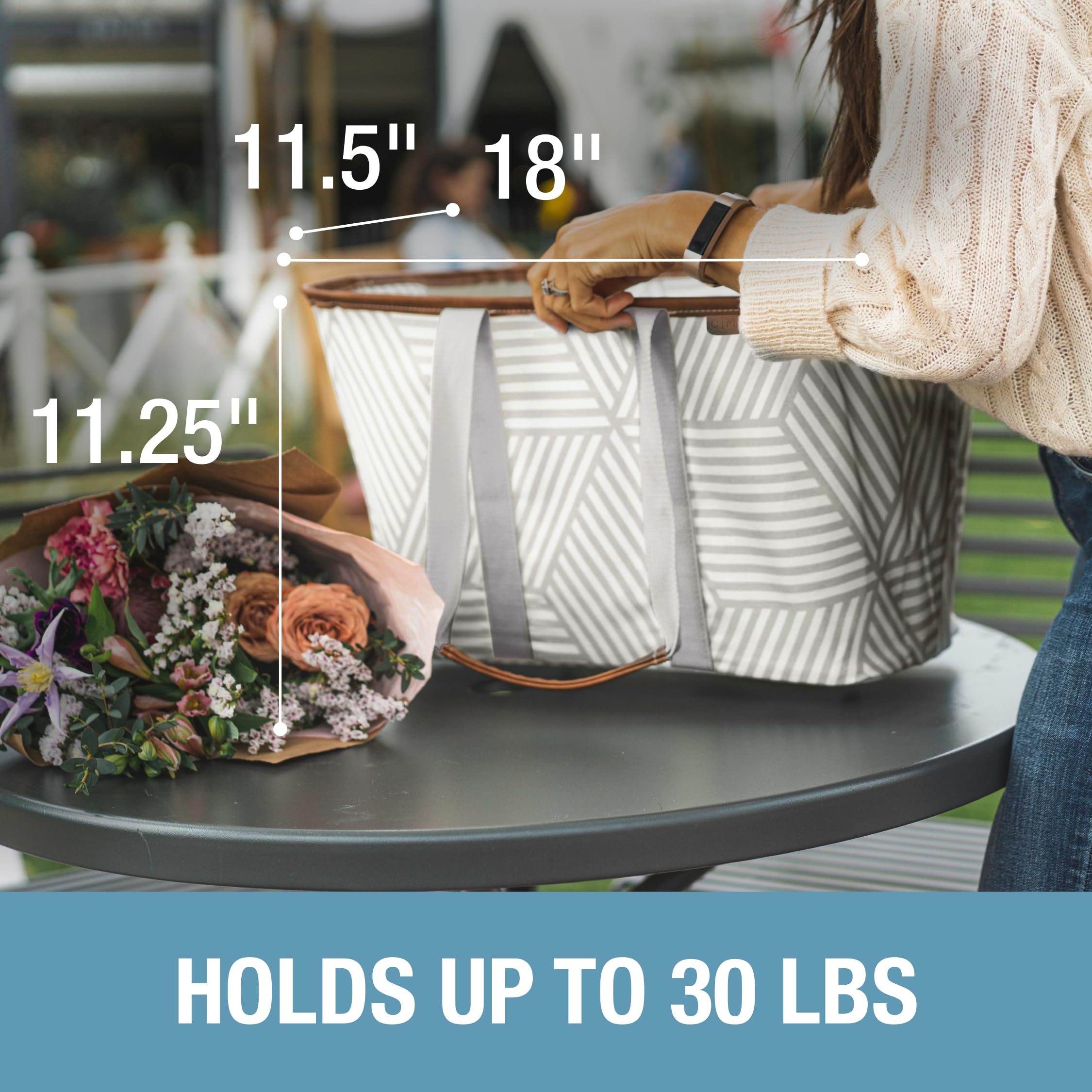 CleverMade tote in use loading groceries into an upright, easy-to-fill bag