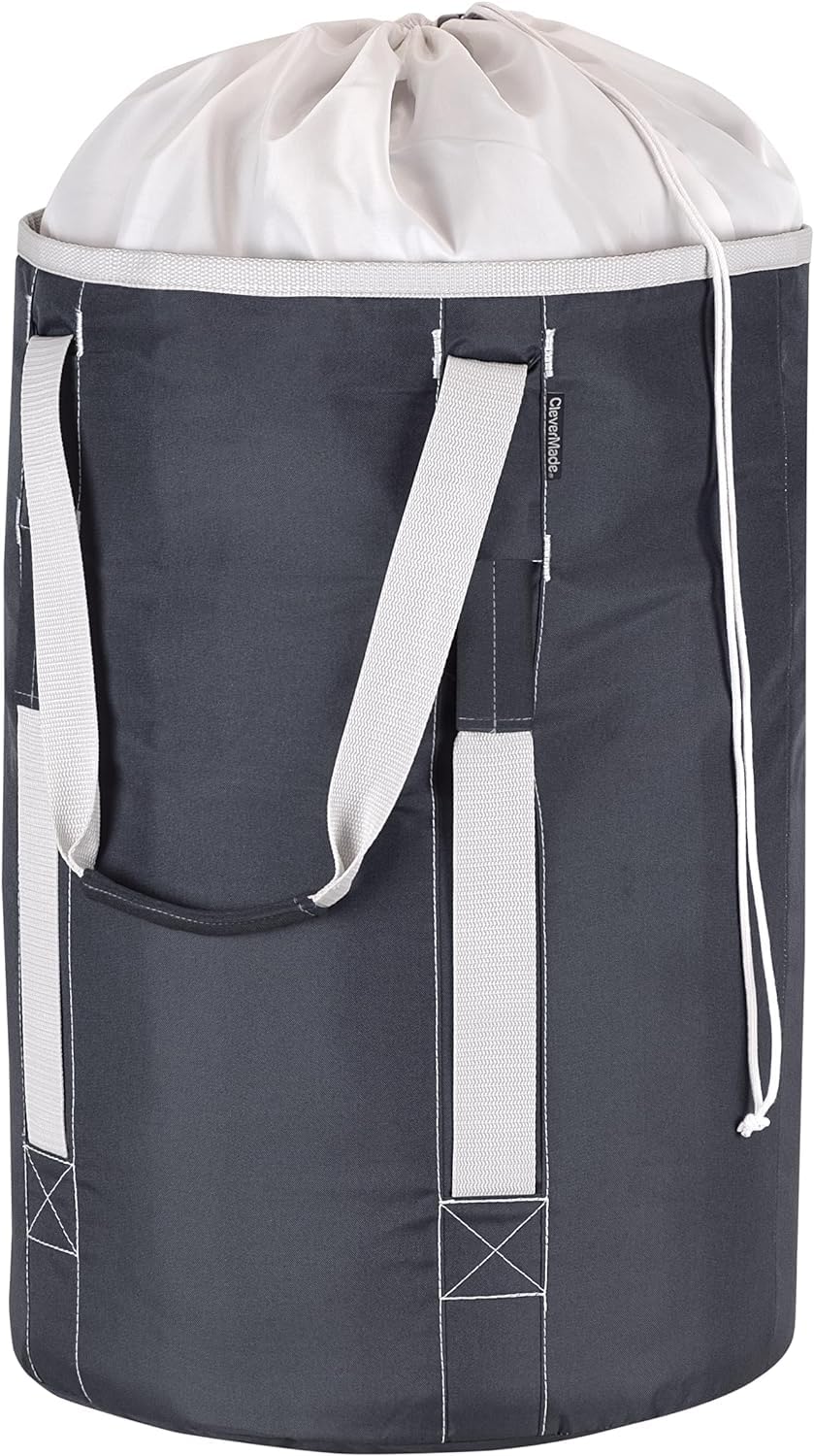 CleverMade front view of charcoal cream duffel showing clean silhouette and capacity