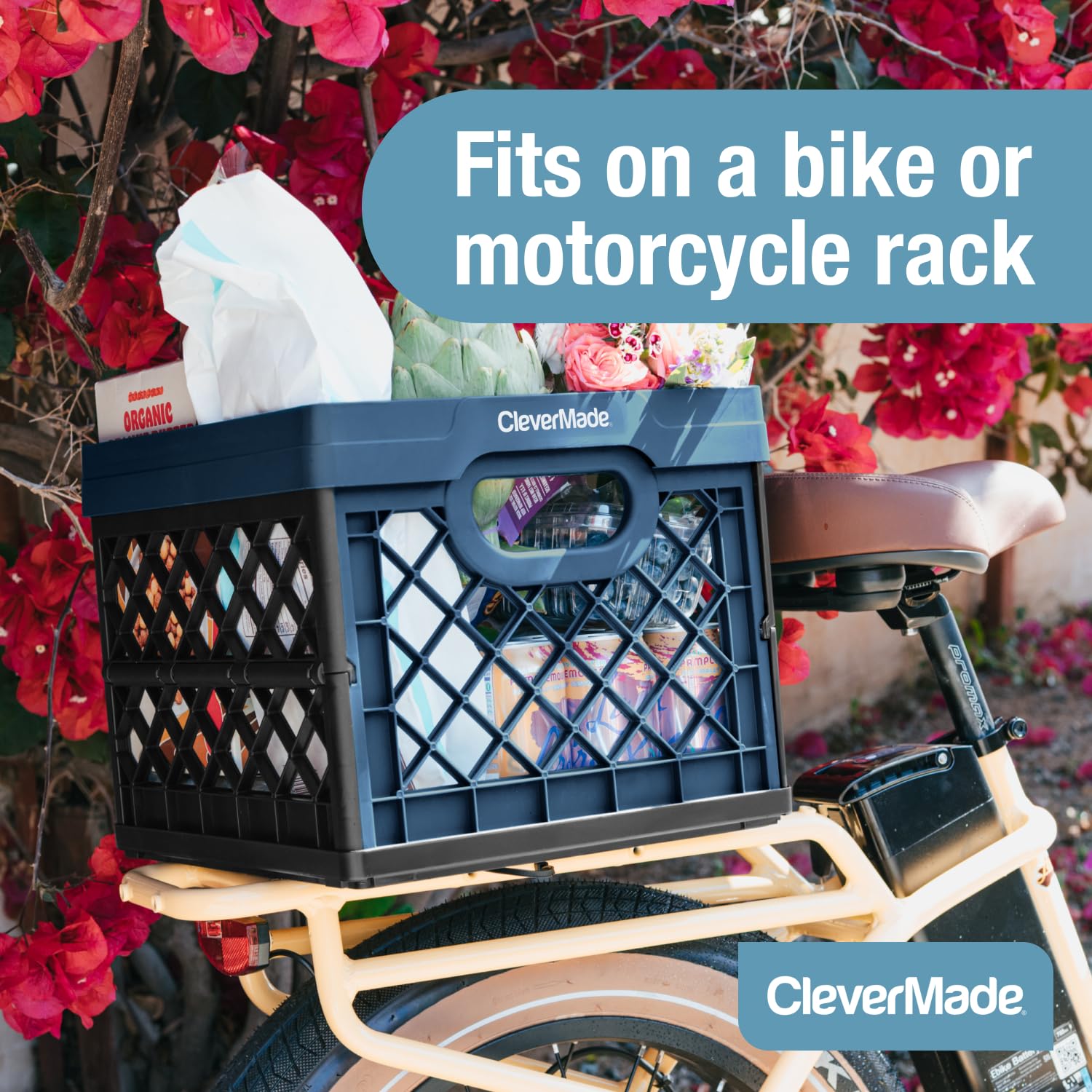 CleverMade crate used at farmers market carrying groceries to save space and time