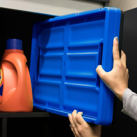 CleverMade bin beside standard tote to compare size and space efficiency