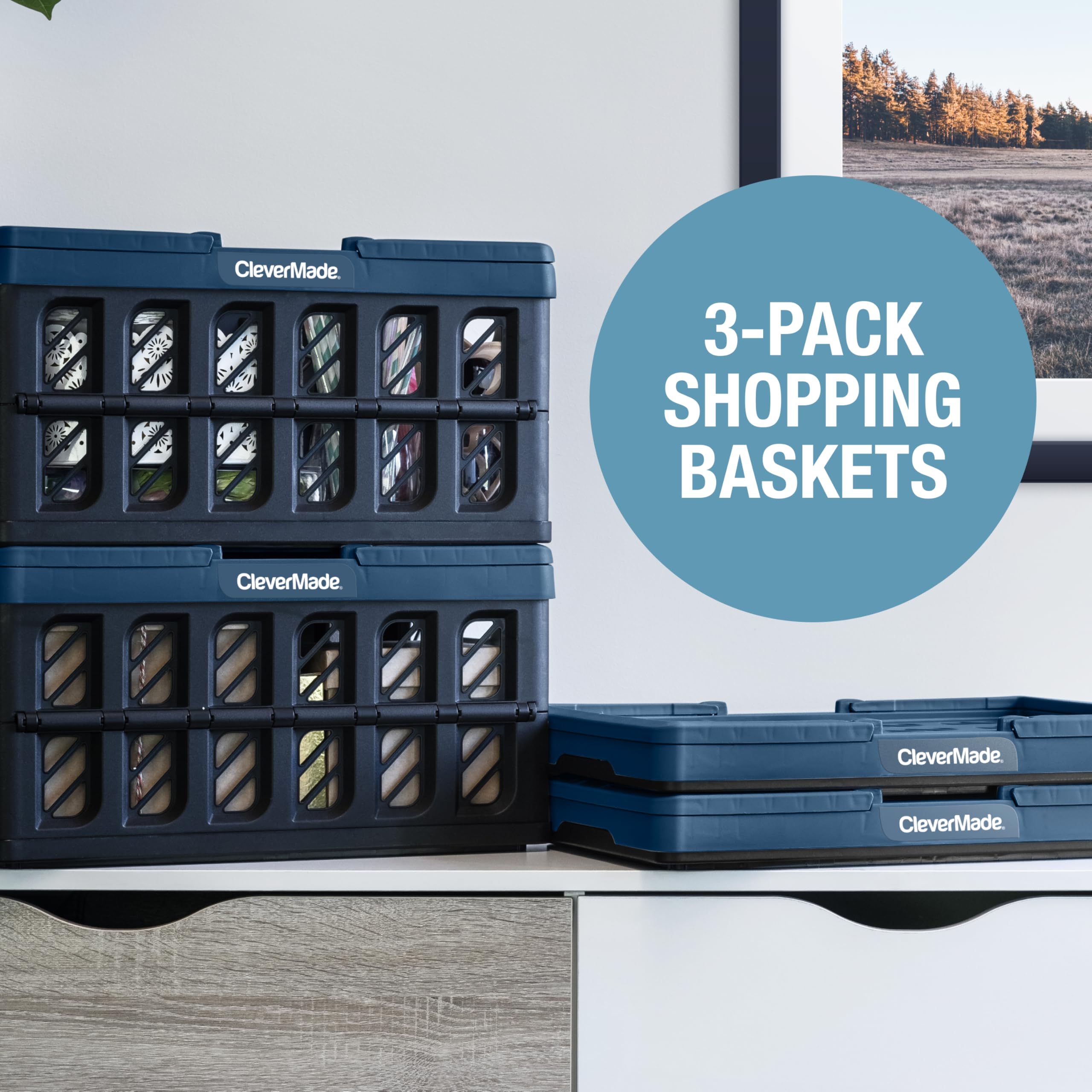 CleverMade filled basket next to groceries to show 24L capacity and scale
