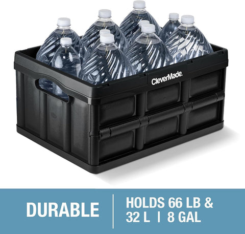 CleverMade stackable bins arranged in garage providing organized stable storage