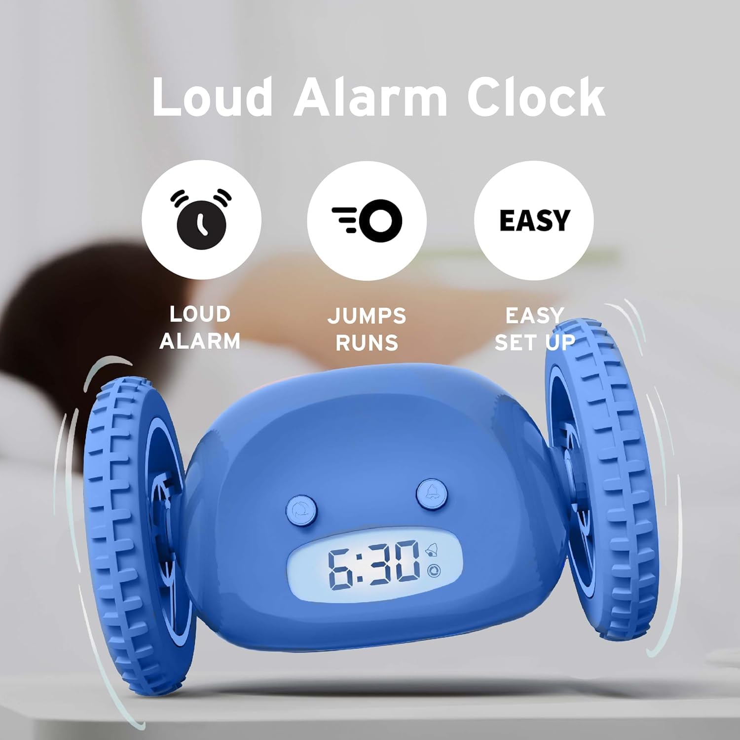 CLOCKY wheels close-up showing durable rolling mechanism for movement benefit