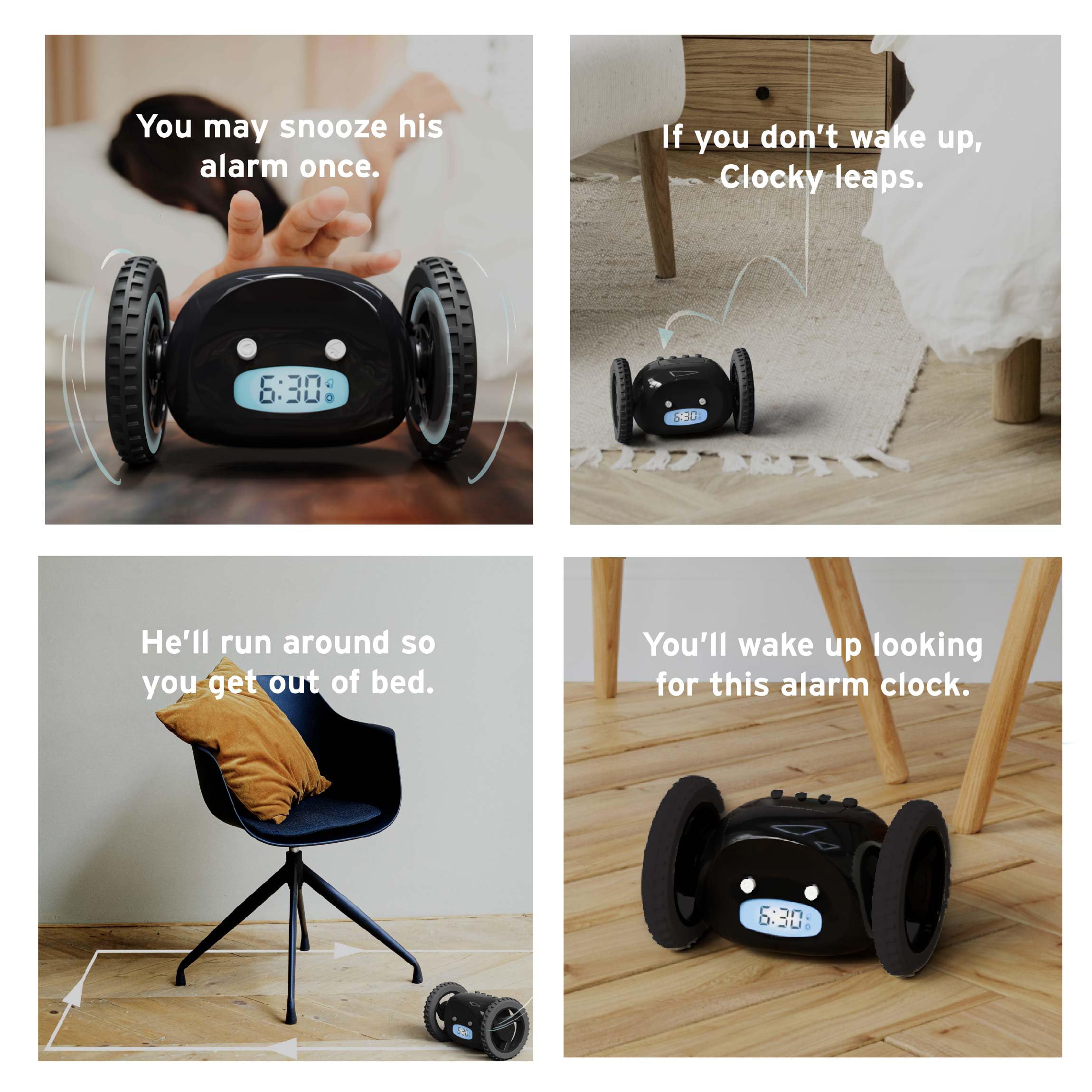 CLOCKY styled on dorm nightstand showing ideal student use