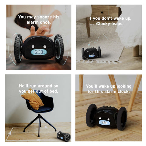CLOCKY styled on dorm nightstand showing ideal student use