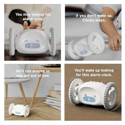 CLOCKY in dorm room lifestyle scene showing effective wake-up solution