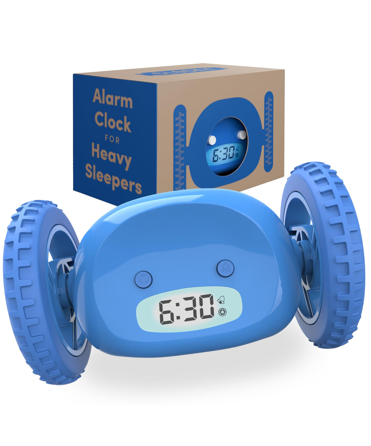 CLOCKY front view on bedside showing loud alarm and easy reading display