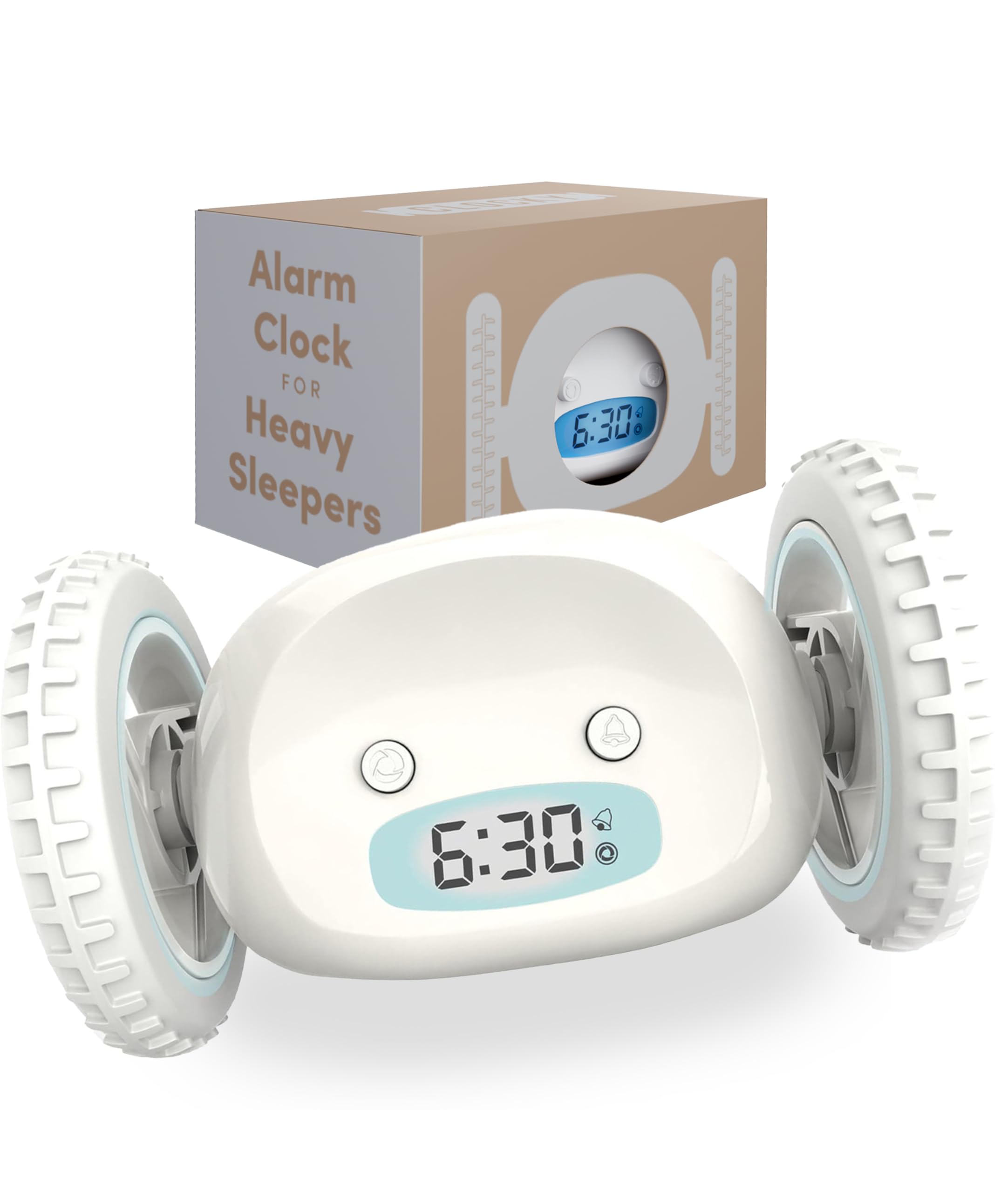 CLOCKY front view on nightstand showing clear display and loud alarm benefit