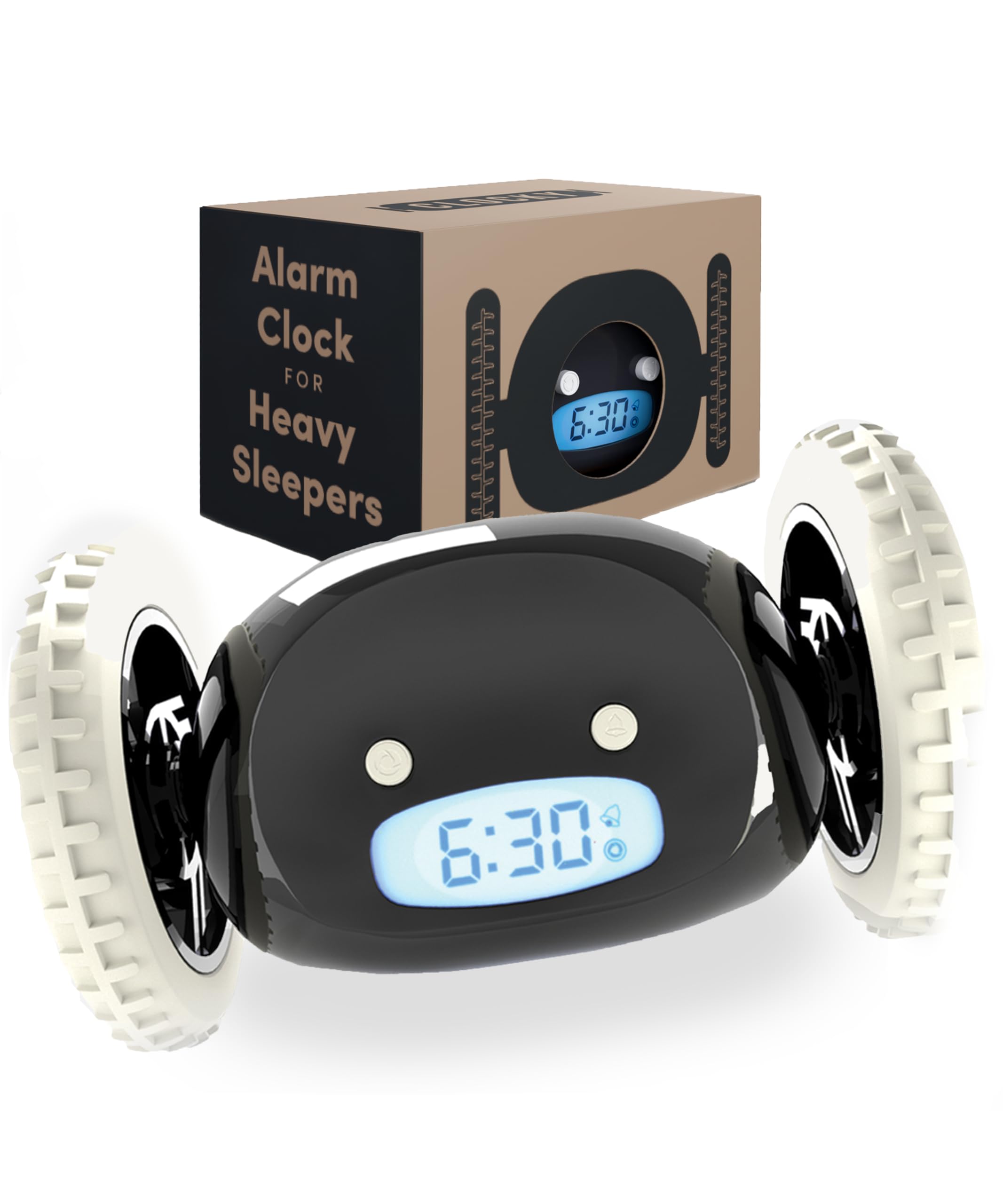 CLOCKY front view on nightstand showing clear display and loud alarm benefit