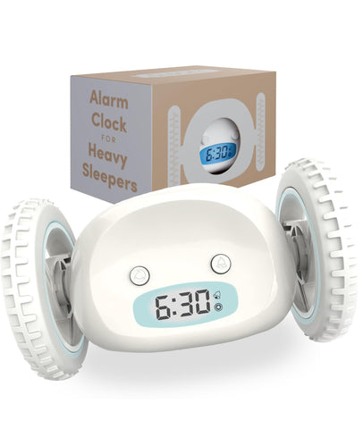 CLOCKY front view on nightstand showing clear display and loud alarm benefit