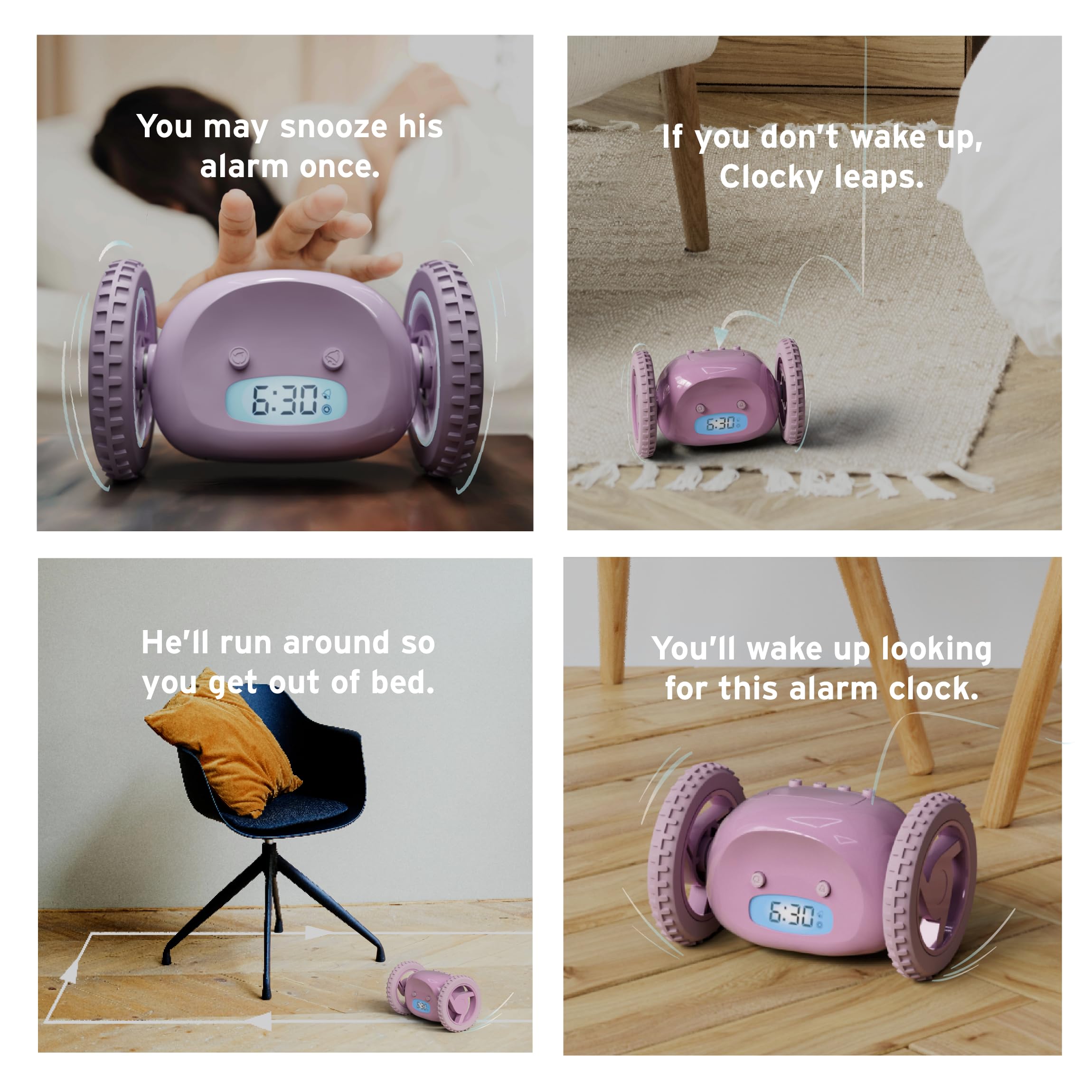 CLOCKY in dorm room setting shows ideal alarm solution for students