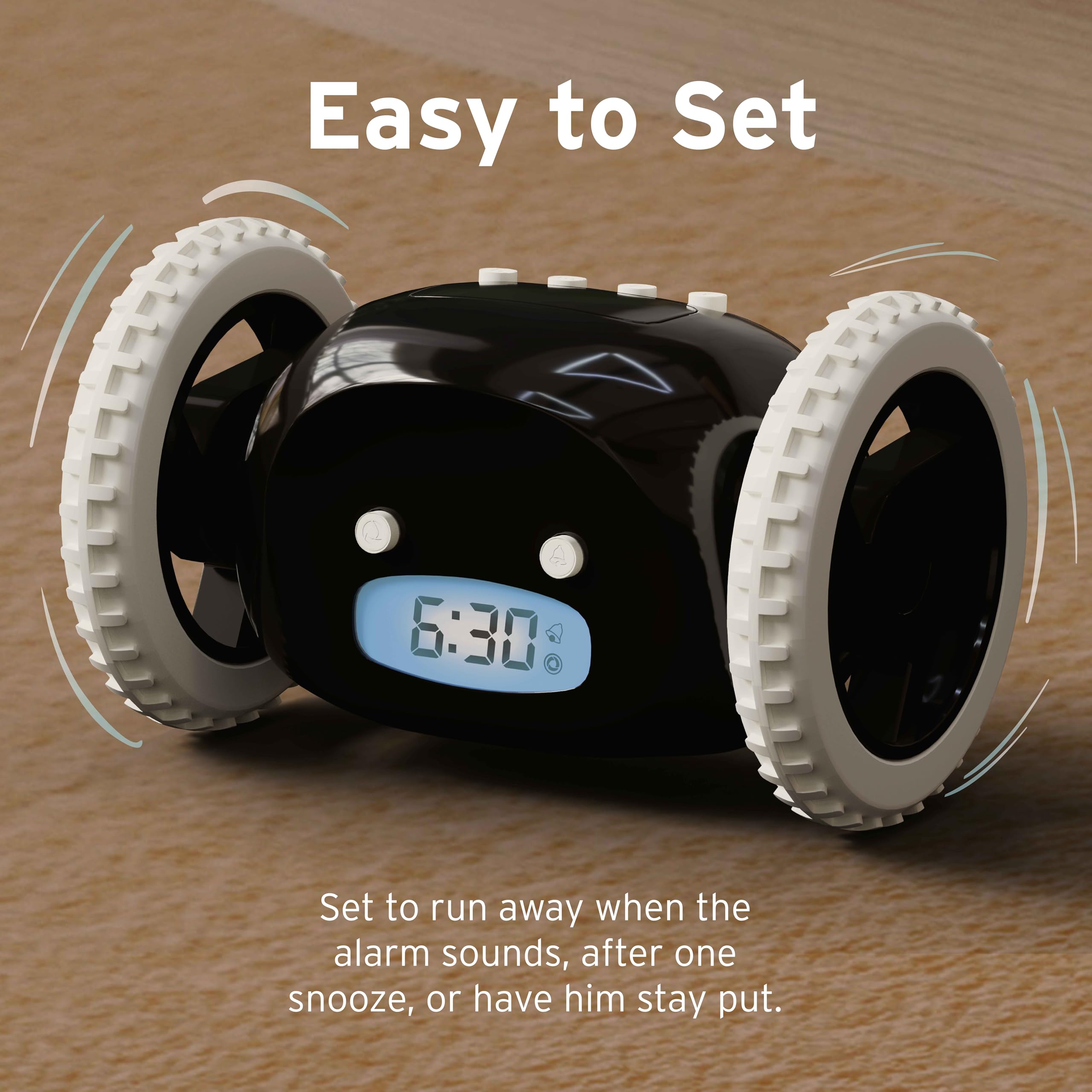 CLOCKY in packaging with batteries illustrating ready-to-use convenience benefit