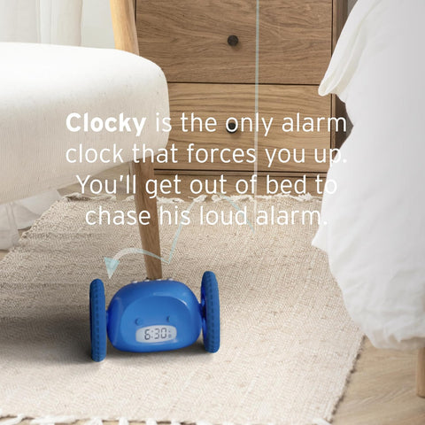 CLOCKY in packaging with batteries showing plug-free, ready-to-use benefit