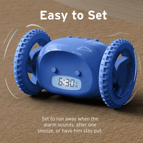 CLOCKY rolling across hardwood floor showing motion that interrupts snooze