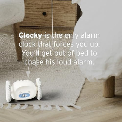 CLOCKY rolling on wood floor demonstrating motion to make you get up