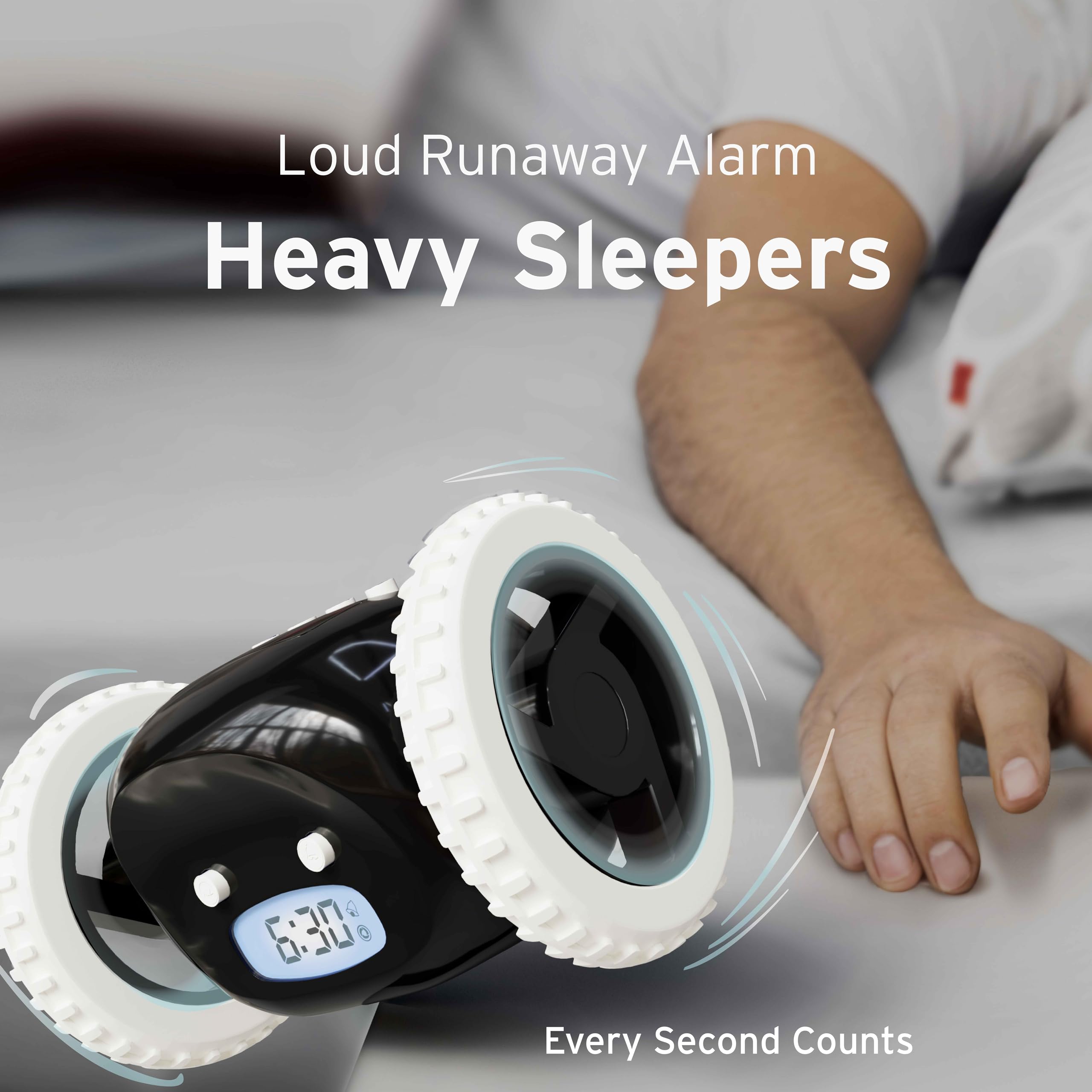 CLOCKY rolling under bed demonstrating movement forces you up benefit