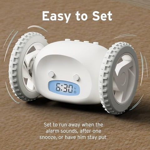 CLOCKY next to coffee mug showing compact size and bedside fit