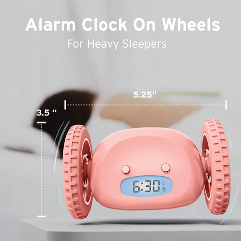 CLOCKY close-up of wheels highlighting movement mechanism for persistent waking
