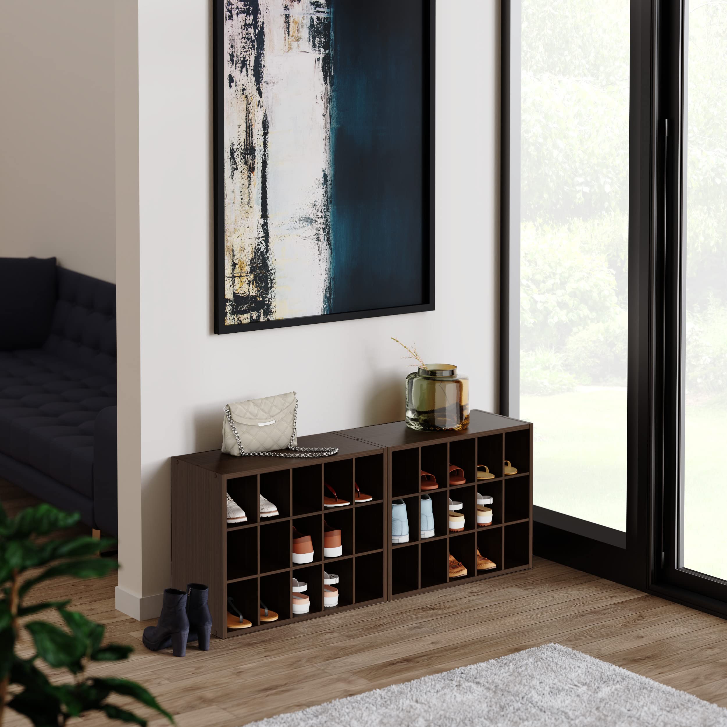 ClosetMaid cubes filled with shoes and bags showing easy access benefit