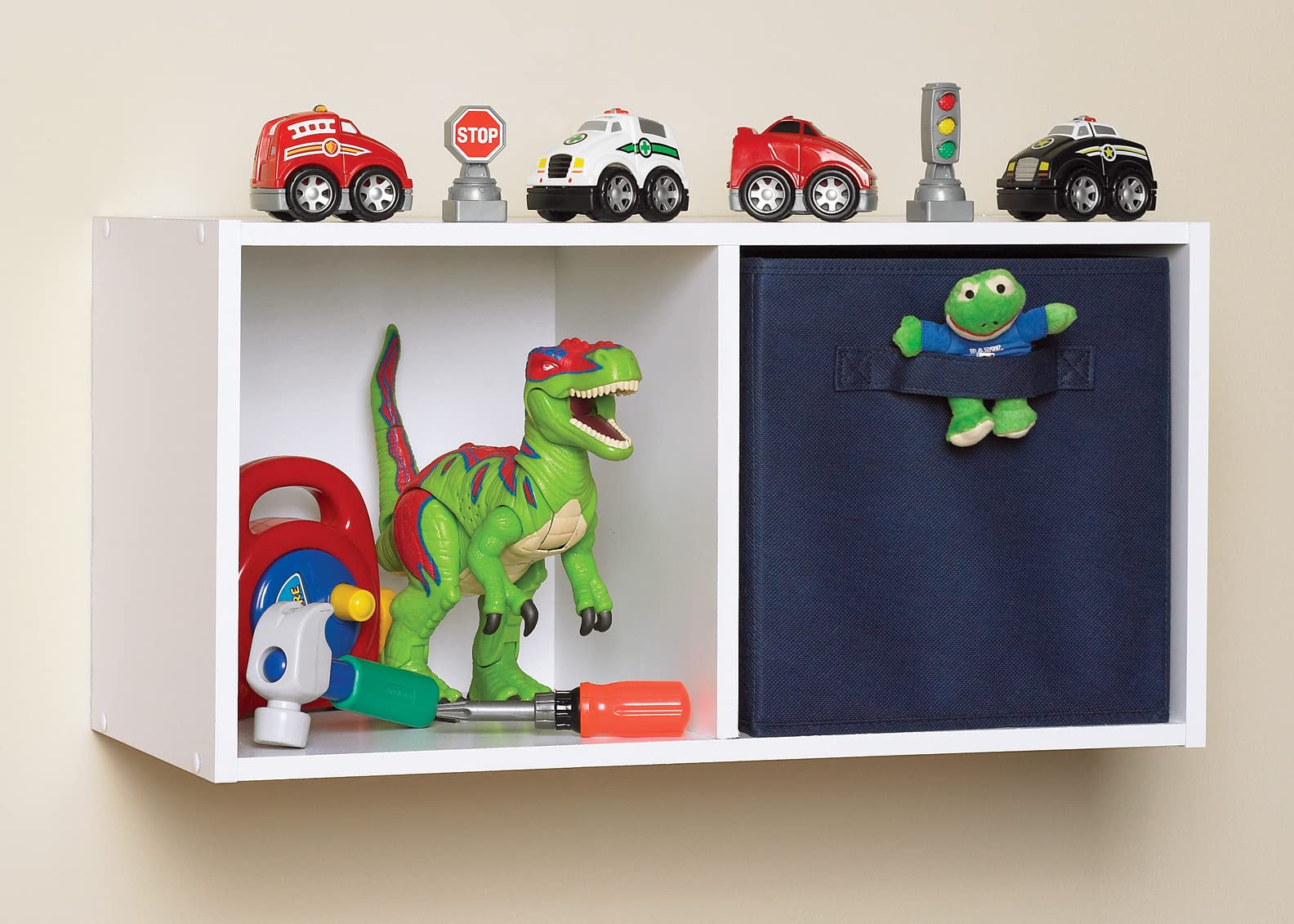ClosetMaid wall-mounted 2-cube shelf saving floor space in hallway
