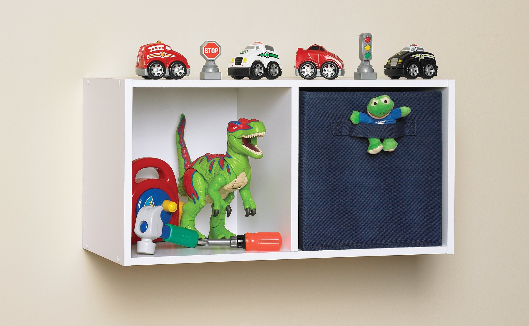 ClosetMaid shelf with fabric drawers demonstrating concealed storage