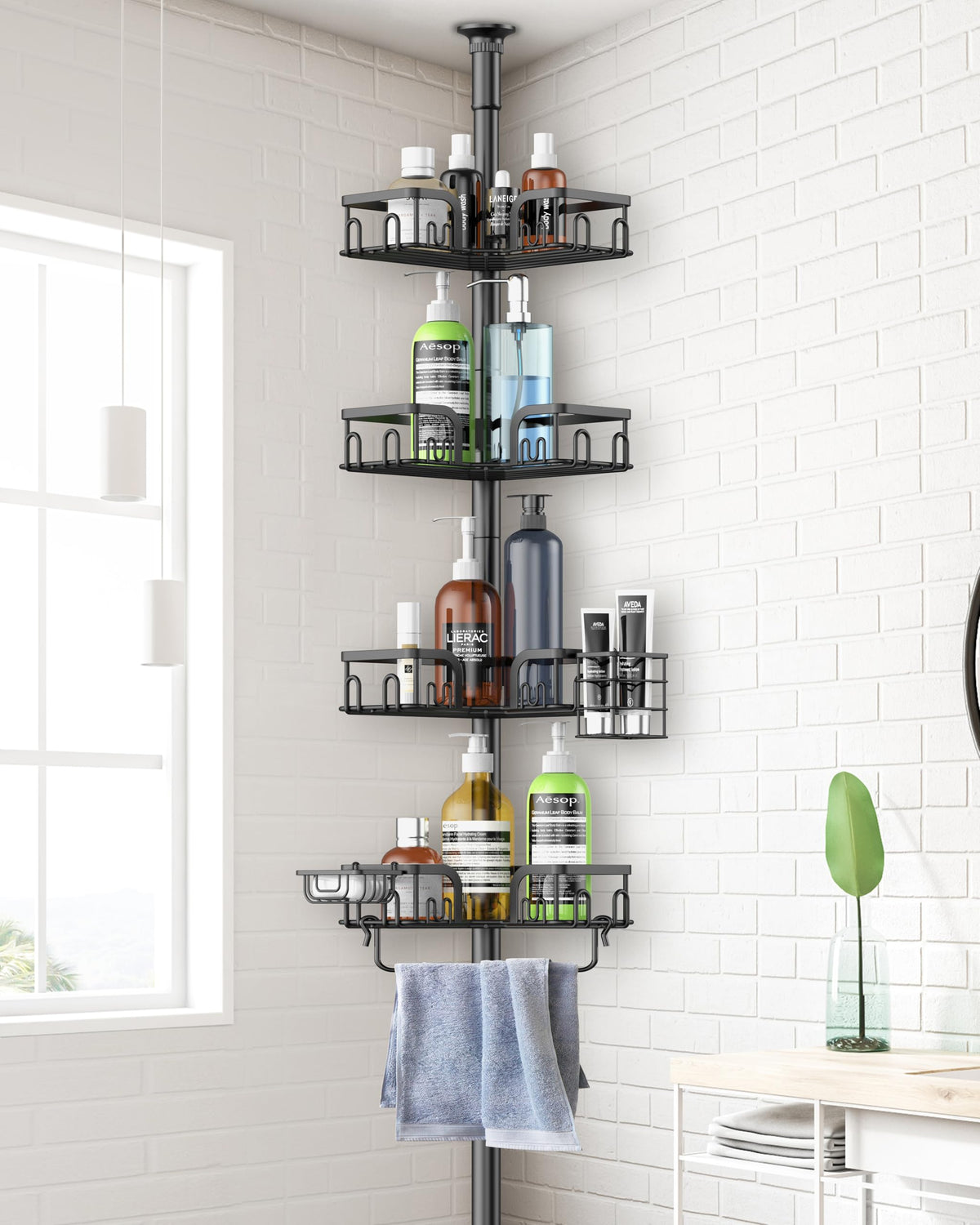 Clothink front view of mounted shower caddy showing organized storage benefit
