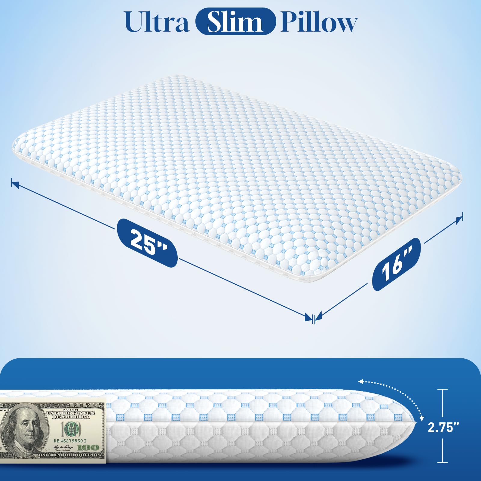 CloudBliss pillow beside ruler to show 2.75 inch profile and scale