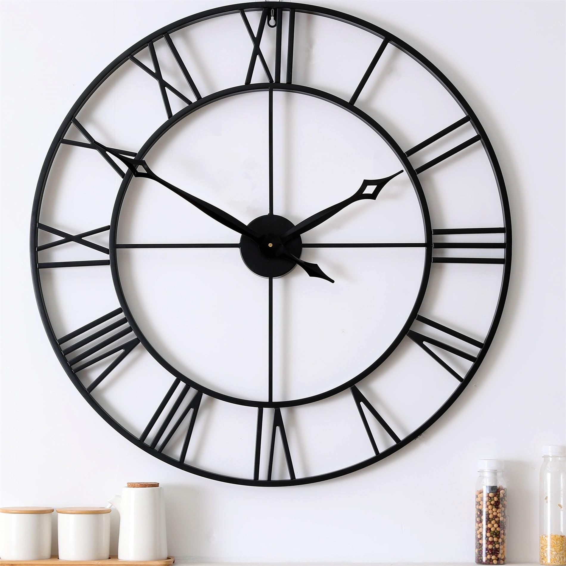 CLXEAST front view 30-inch wall clock showing bold Roman numerals and clear time reading