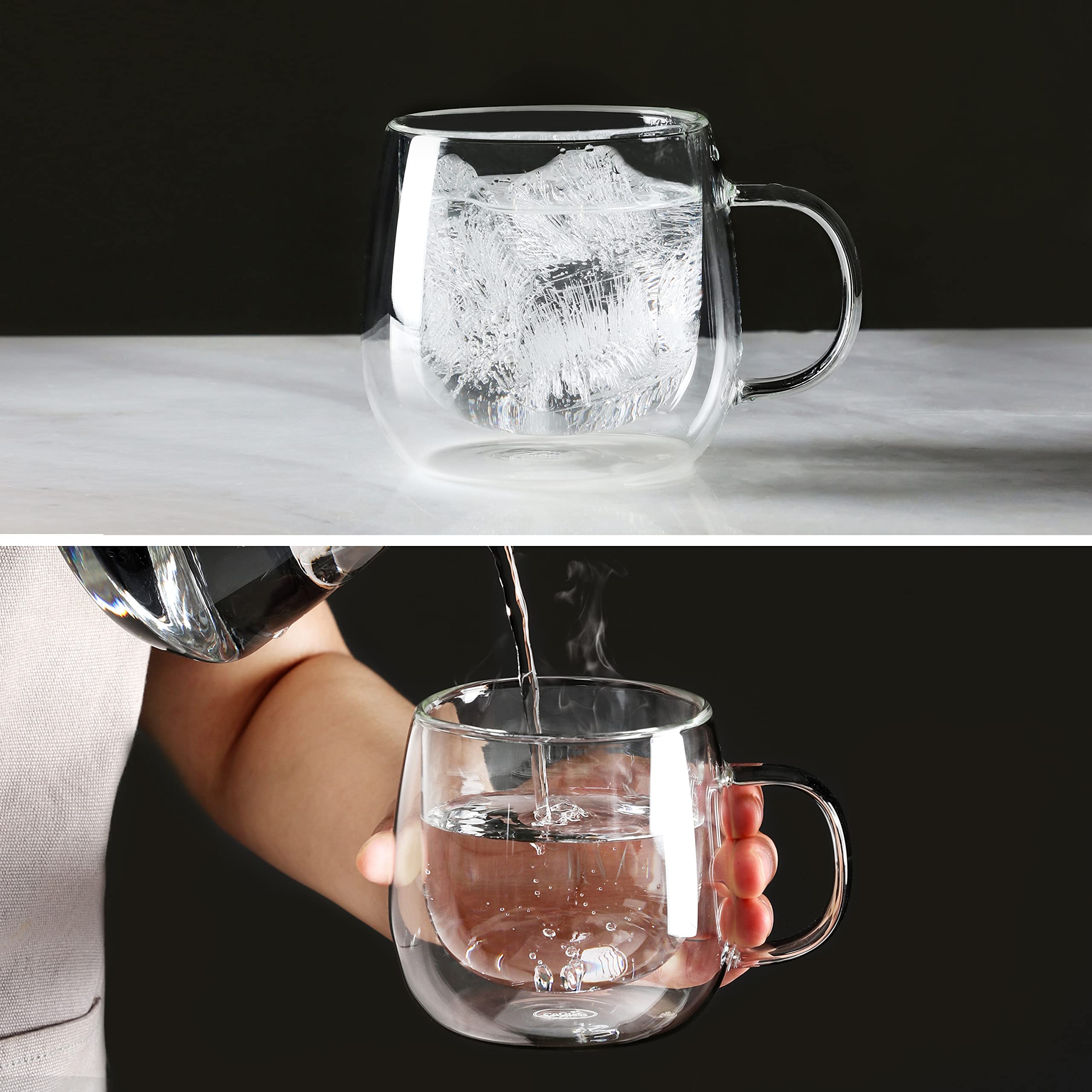 CNGLASS latte in clear mug showcasing crema and visual appeal