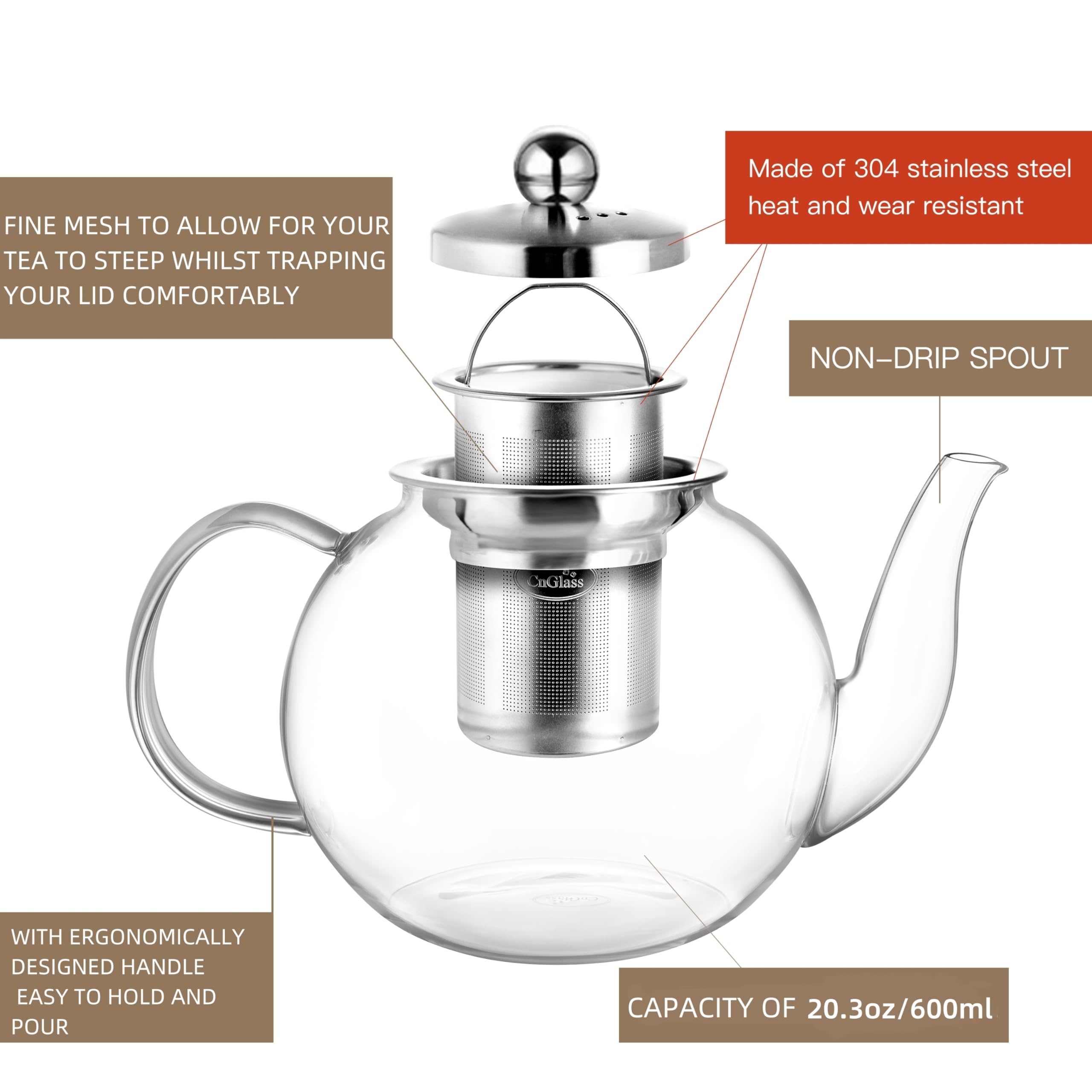 CNGLASS teapot next to cups showing 600ml scale for portioning benefit