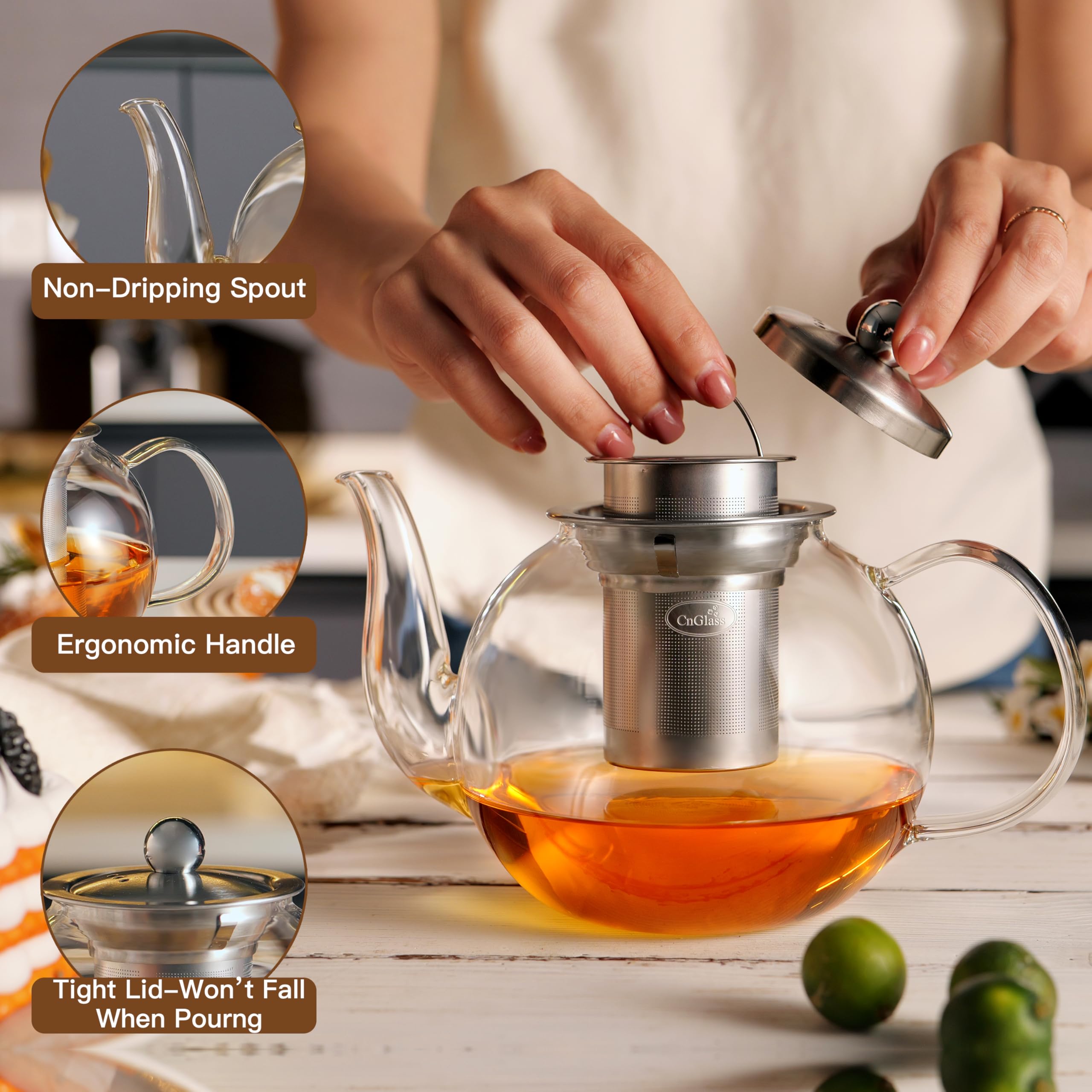 CNGLASS spout and handle detail showing non-drip spout and ergonomic grip benefit
