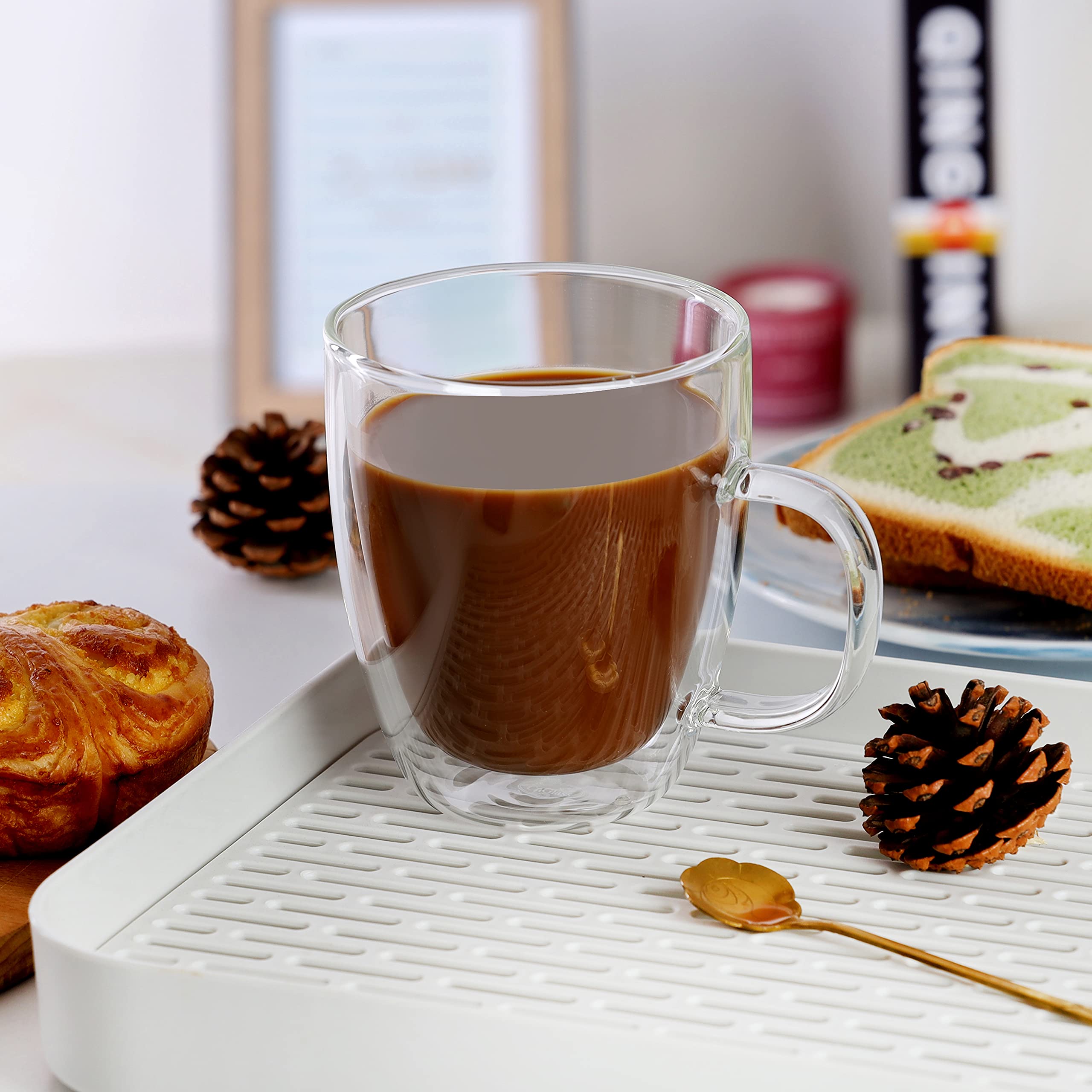 CNGLASS mugs on breakfast table styled with croissant showing lifestyle serving benefit