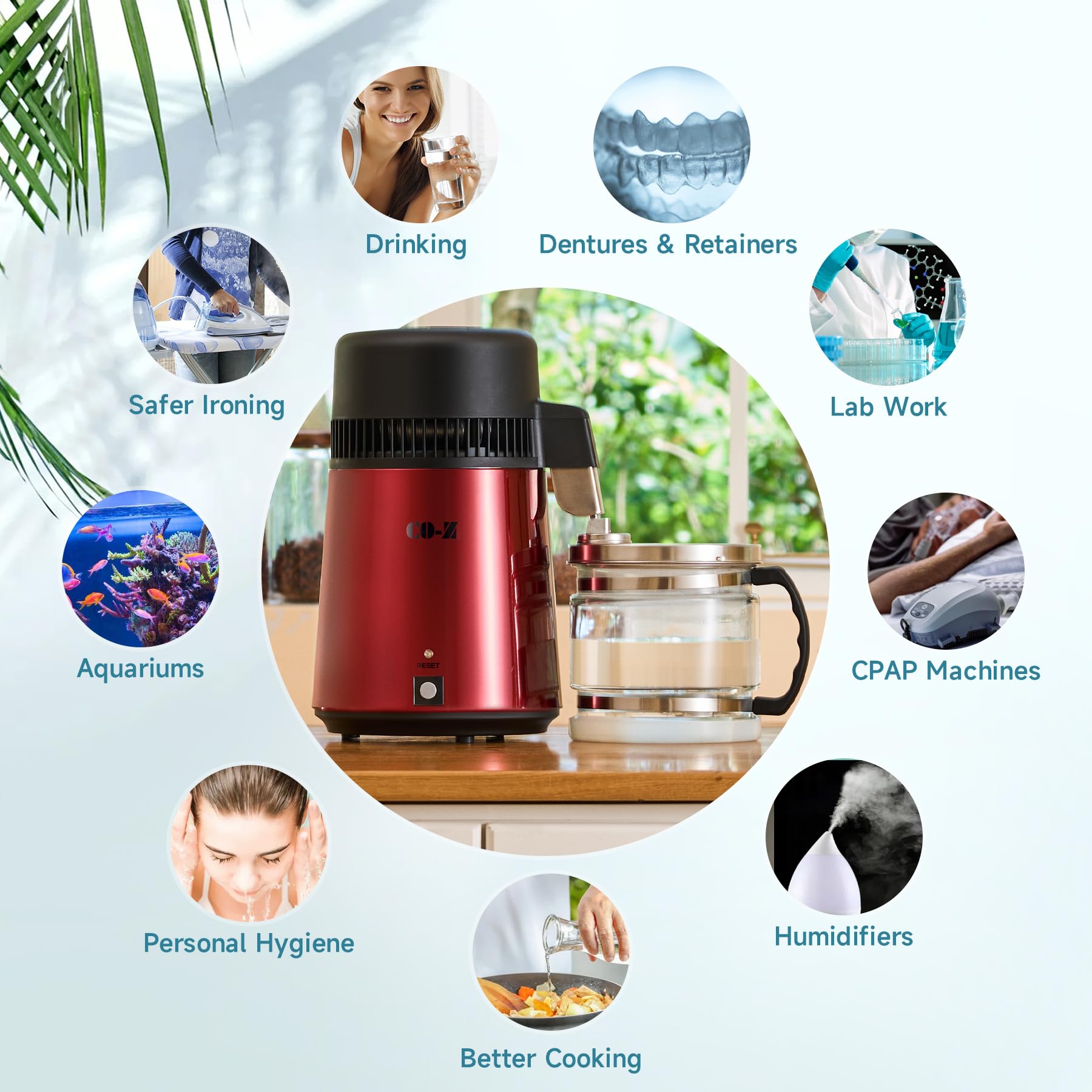 CO-Z cleaning powder and brush beside unit, easy maintenance and descaling