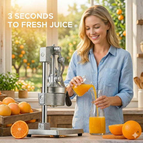 CO-Z juicer in use pressing an orange for fresh, pulp-filtered juice