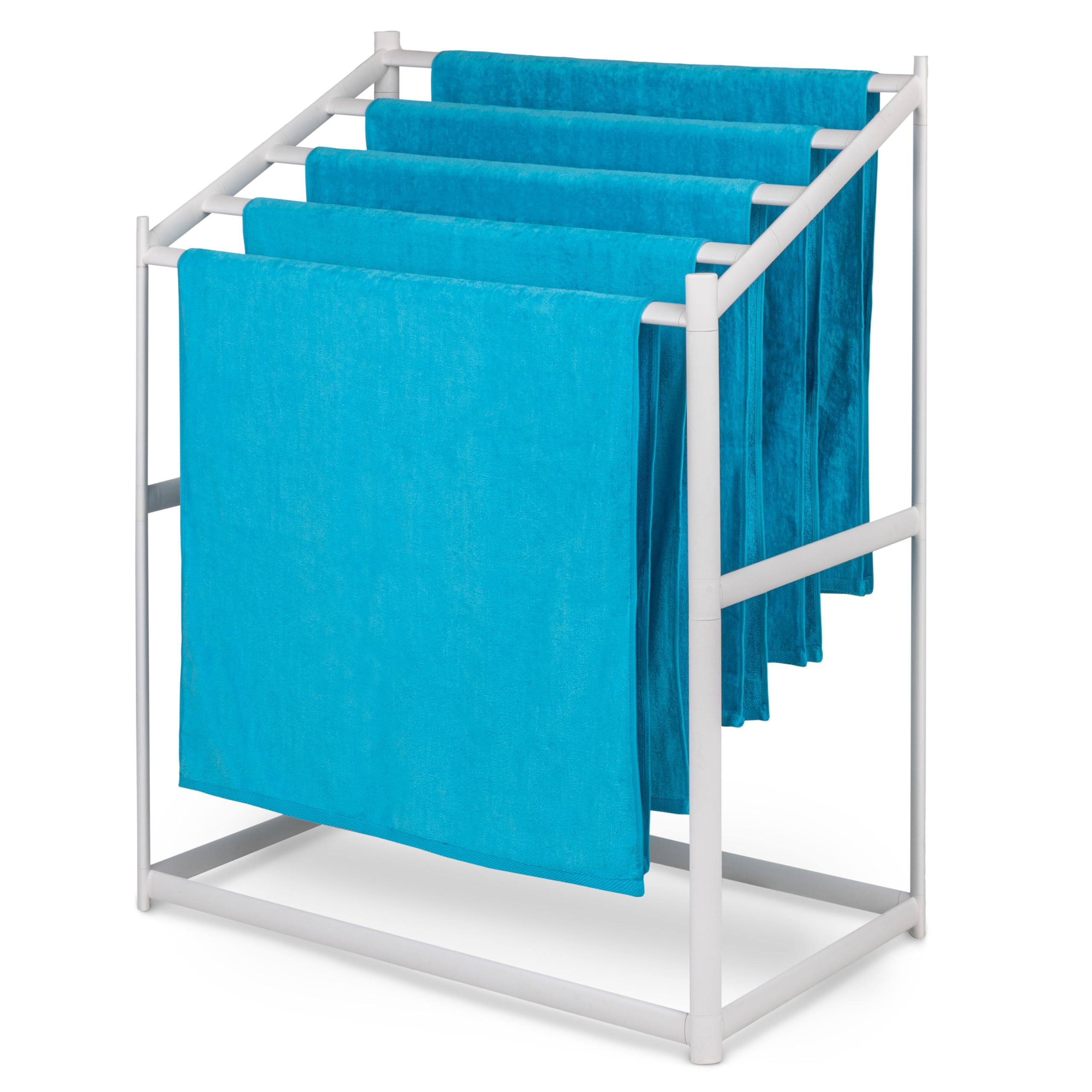 Coast Modern front view of white towel rack showing sleek design and organization benefit