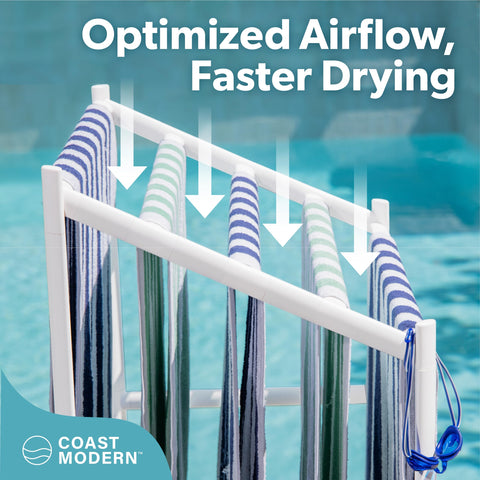 Coast Modern rack in use by pool with towels hung for faster drying benefit