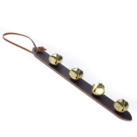 Coblentz Leather close-up of four brass bells highlighting bright, resonant jingle sound